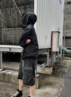 RO原标水洗烟灰色渐变多口袋工装直筒抽绳五分休闲短裤毛边牛仔裤