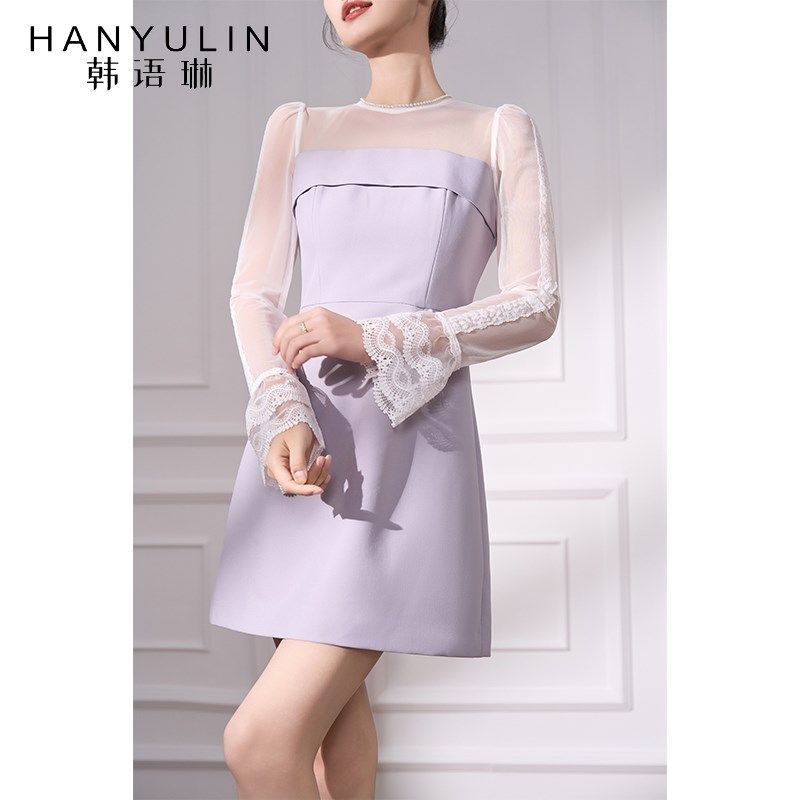 韩语琳 紫色拼接连衣裙2024新款女春秋气质短款长袖收腰a字裙裙子