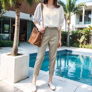 白色裤子女2024夏薄款小个子八分裤直筒显瘦烟管休闲裤九分小脚裤