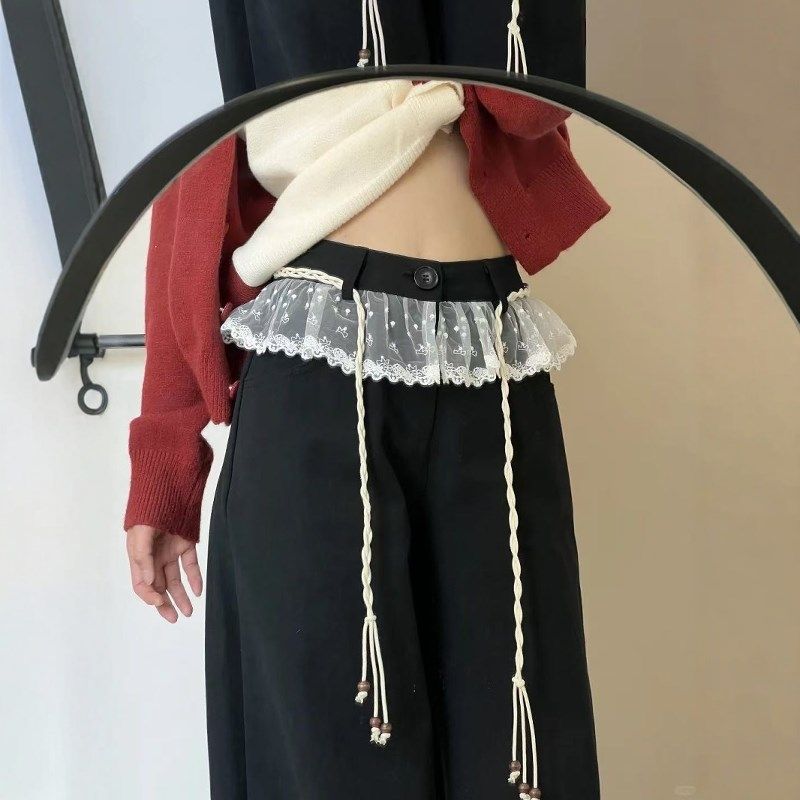 设计感蕾丝拼接腰绳黑色阔腿牛仔裤女春秋美式高腰宽松直筒长裤子,女装/女士精品,卫裤,淘宝优惠券,粉丝福利购,淘宝优惠卷