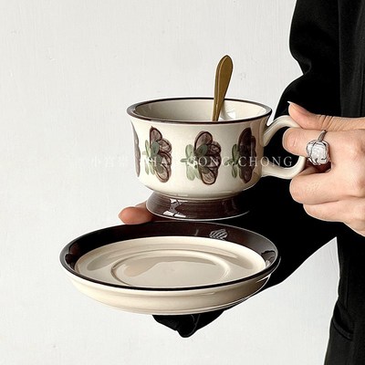 芬兰中古咖啡杯碟手绘铿锵玫瑰拿铁杯陶瓷杯马克杯下午茶杯碟套装