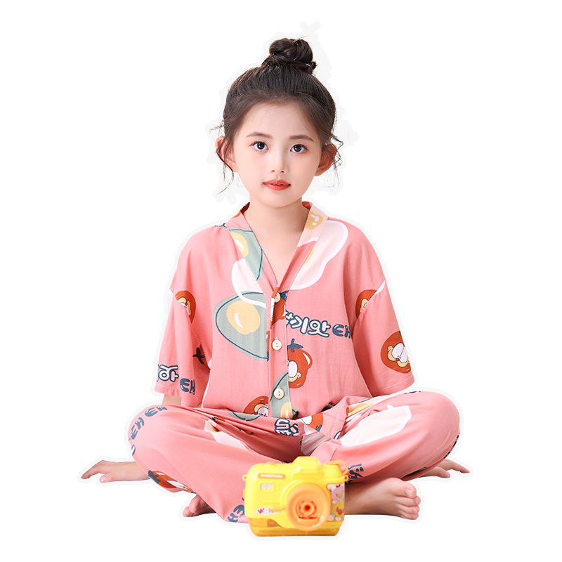 儿童夏季套装睡衣棉绸七分袖薄款男童绵绸宝家居服女童半袖空调服