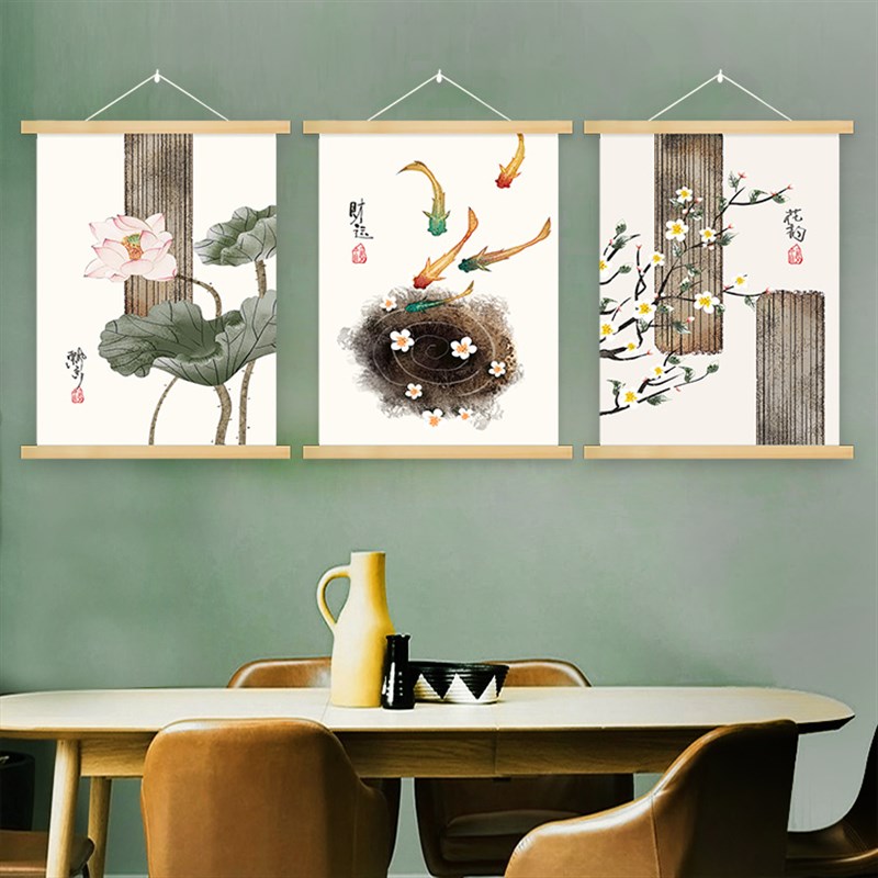 中式餐厅布艺装饰画客厅墙面装饰挂画民俗风电表箱遮挡画荷花墙画
