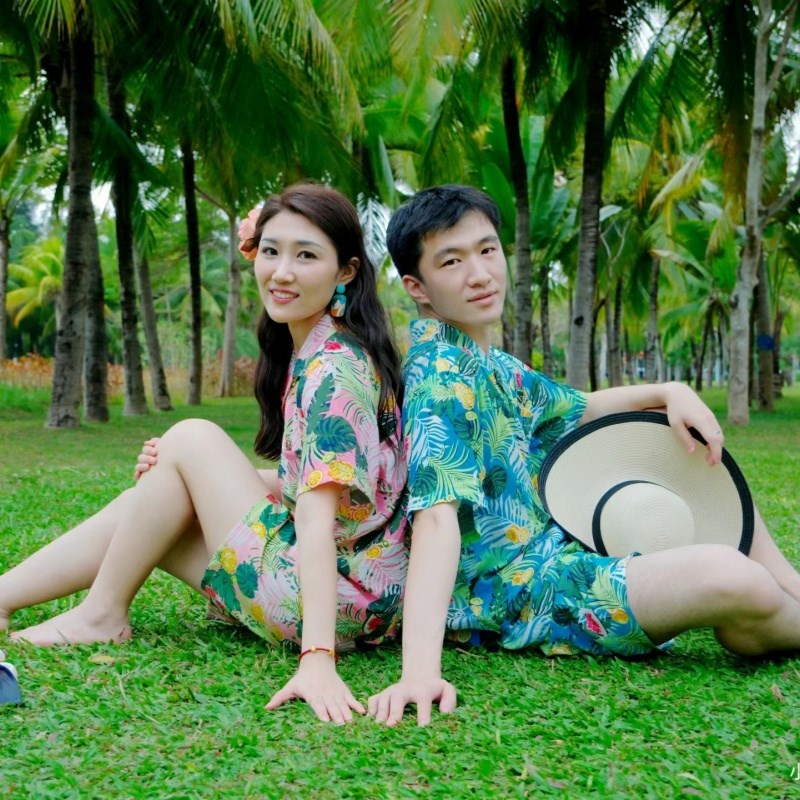 海南岛服花衬衫休闲男短袖夏季棉绸三亚旅游沙滩超薄衬衣家居套装