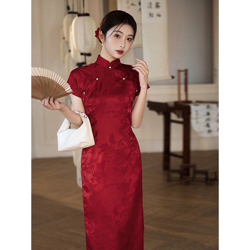 红色披肩旗袍敬酒服新娘夏季结婚回门服提花新中式长款订婚礼服裙