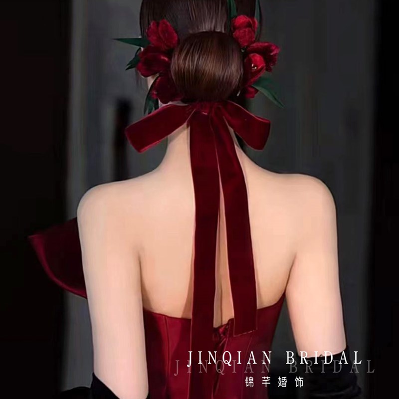 酒红金丝绒郁金香花朵飘带结婚礼服新款发饰品套装红色敬酒服头饰