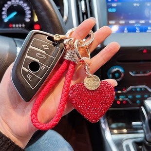 时尚 陶泥满钻爱心钥匙扣水晶镶钻皮绳汽车钥匙链挂件女款 礼品挂饰