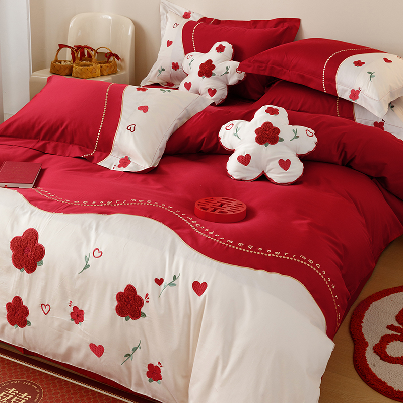 新中式结婚庆红色床上四件套100S全棉毛巾绣喜被陪嫁纯棉床单被套