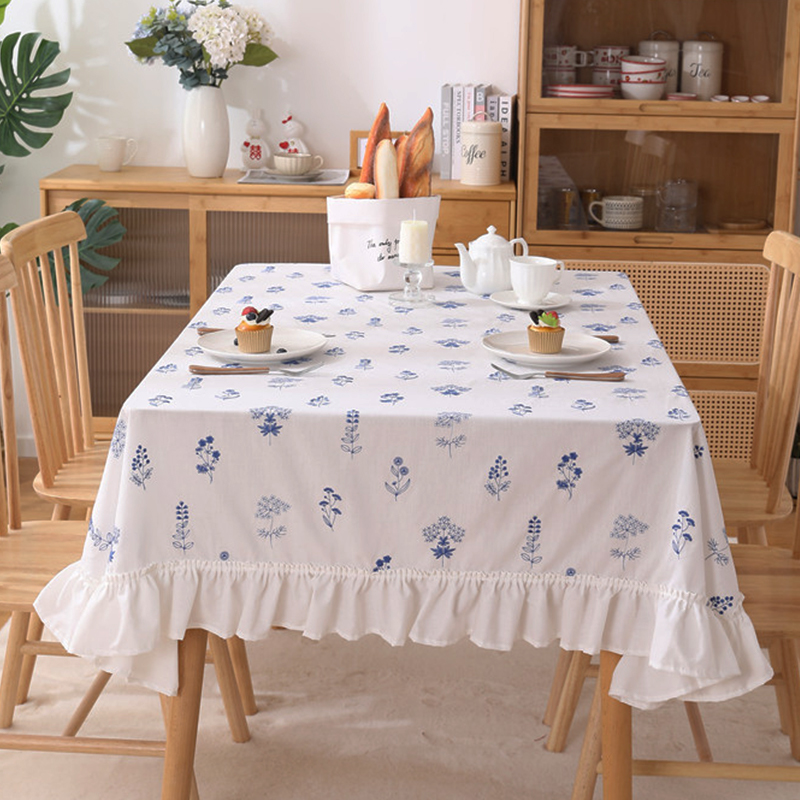 新铃兰花朵餐桌布艺白底绣花裙摆边褶皱荷叶木耳边茶几圆桌台布