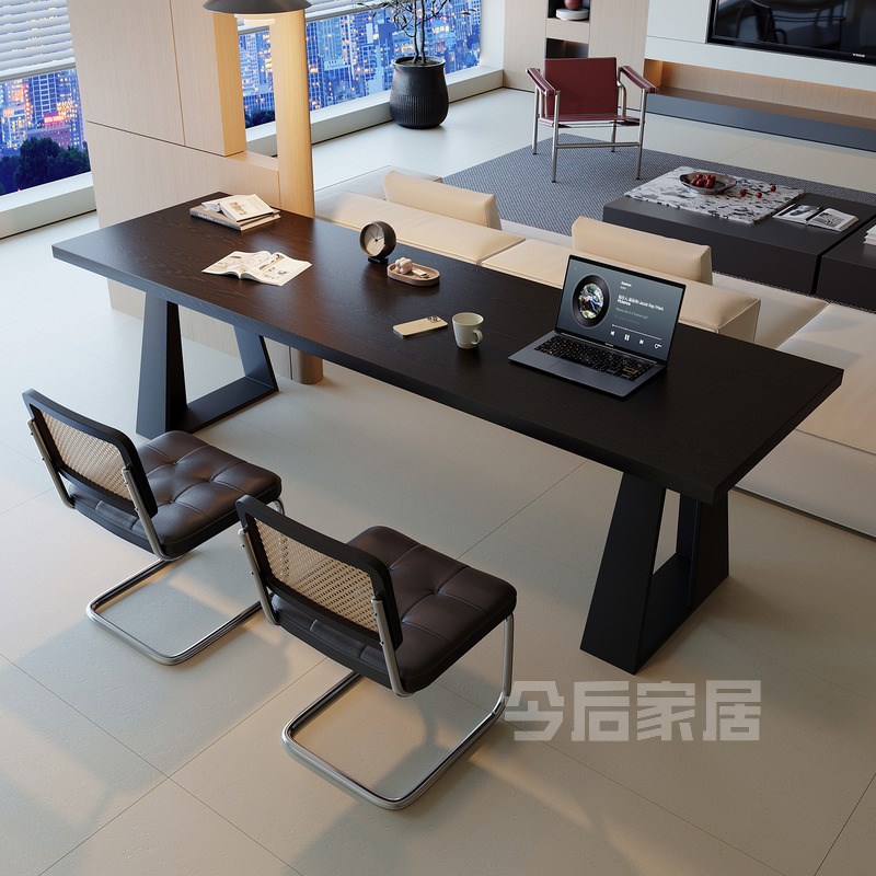 黑色实木书桌电脑桌家用学习客厅沙发后长条桌白蜡木大桌子长方形