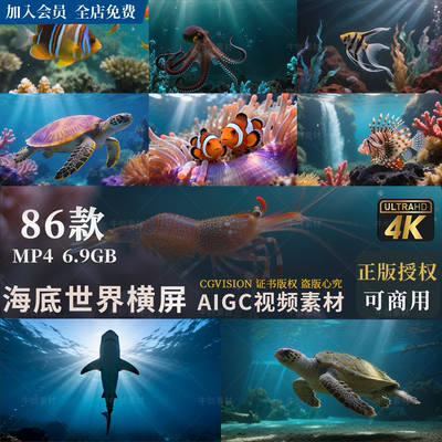 可商用海底世界深海生态水母鲸鱼海龟热带鱼珊瑚礁4K视频剪辑素材
