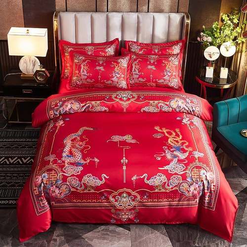 酒店结婚件套一四次性大红色婚庆床上米用1.8床单ZFL被品套新婚龙
