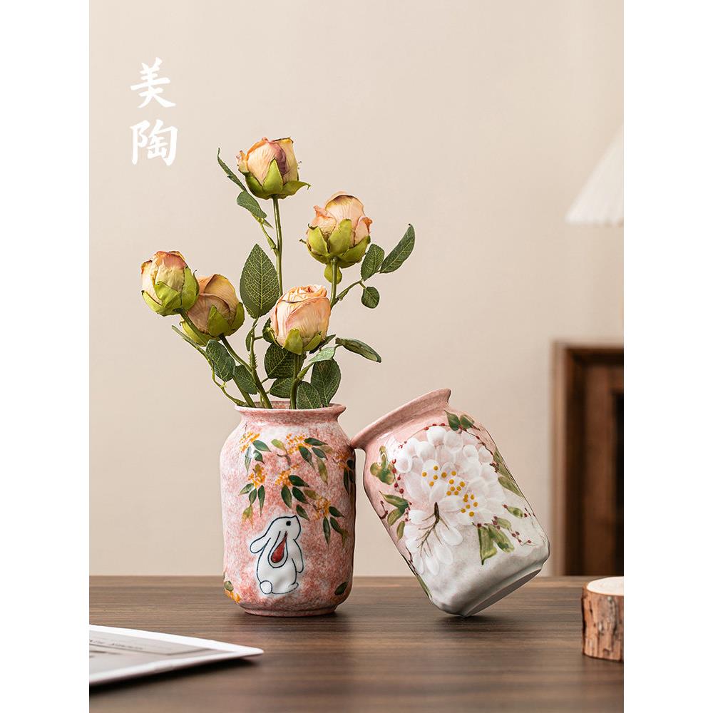 景德镇水培GUQ插手花花新中国风覆古收饰纳品小花筒绘兔子陶瓷瓶