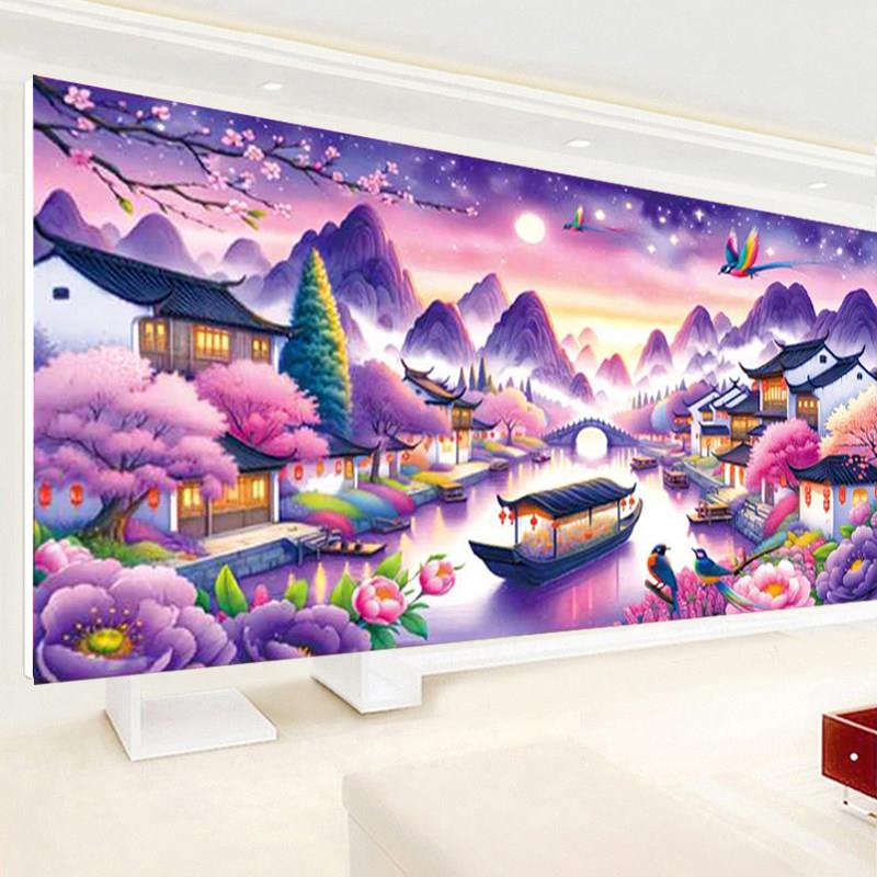 工加厚绣布大十字绣紫色梦境客UIU厅20格5新2款线绣山水画手刺绣