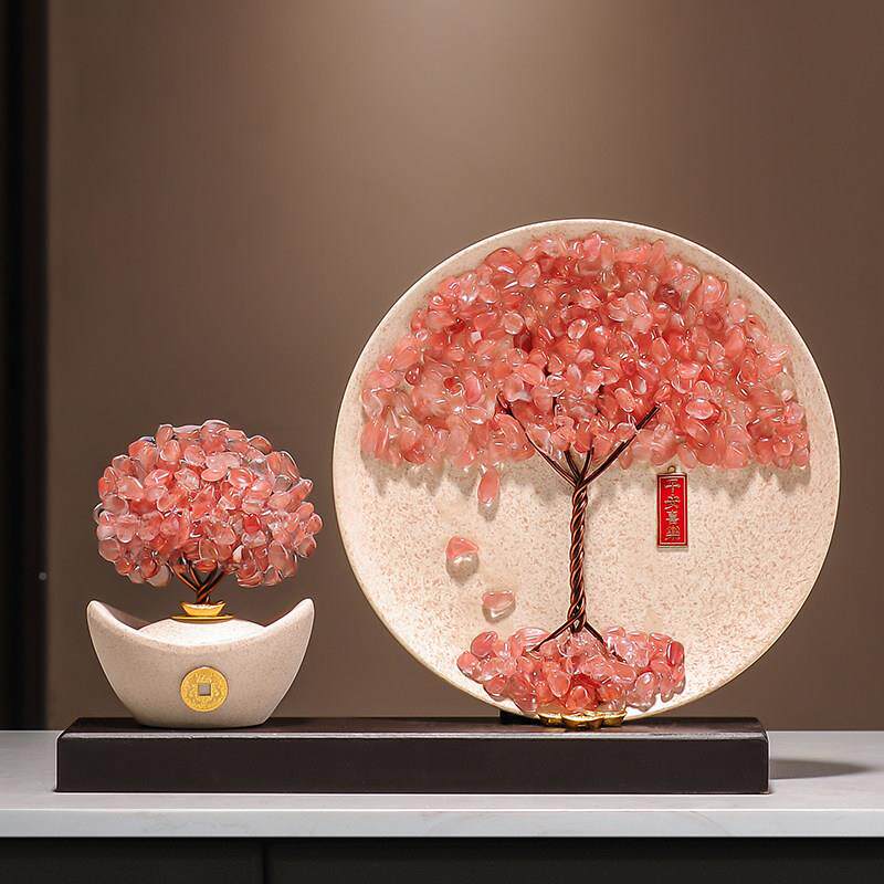 陶瓷粉水晶多子福石榴发财树摆件厅玄关装饰多结婚客水晶石榴迁乔