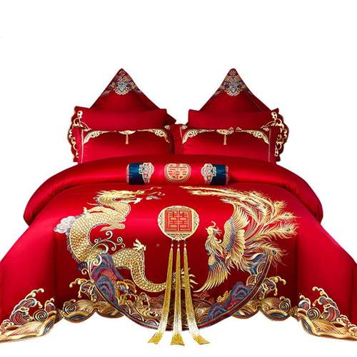 100S长绒婚庆四件套大红全100支婚婚棉结龙刺绣喜被婚礼新婚凤床