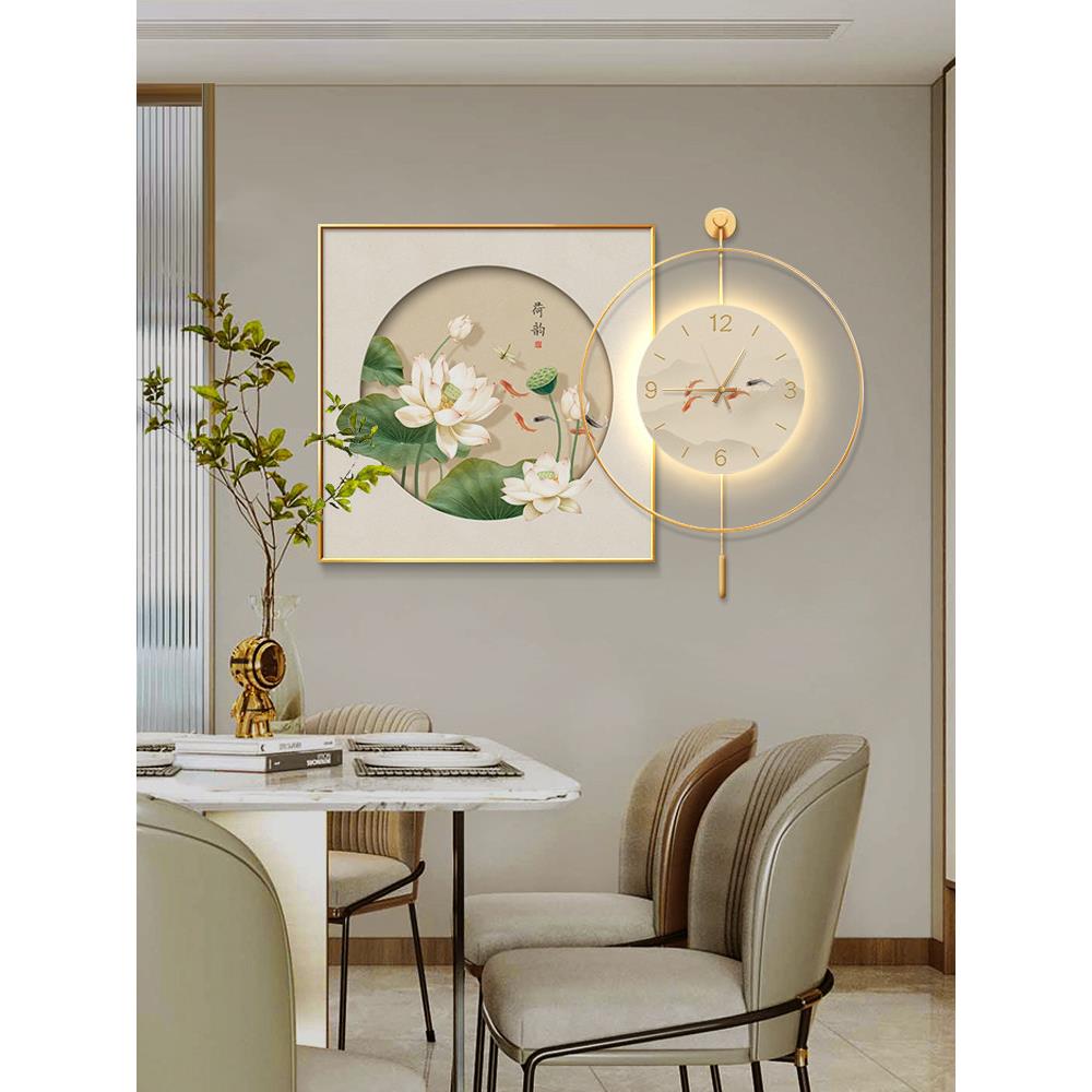 新中国风餐厅装饰花画钟2桌025墙新家客厅餐背景VRU荷钟挂画