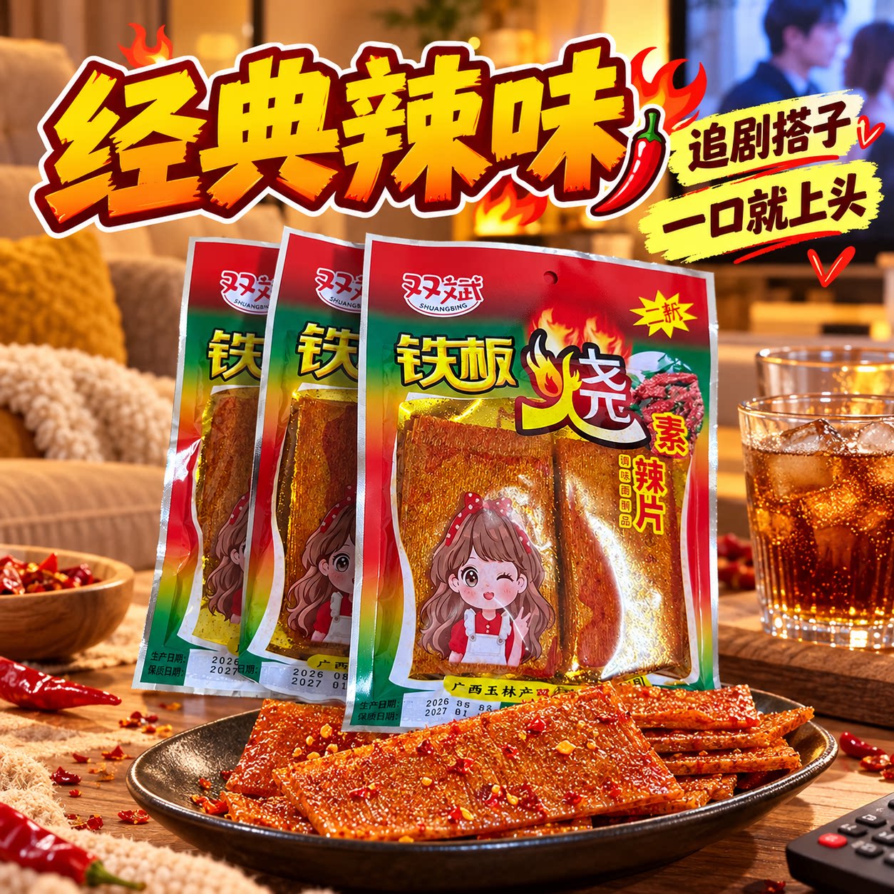 广西玉林双斌铁板烧素食辣片辣条干烧牛筋麻辣儿时最爱吃的大辣片