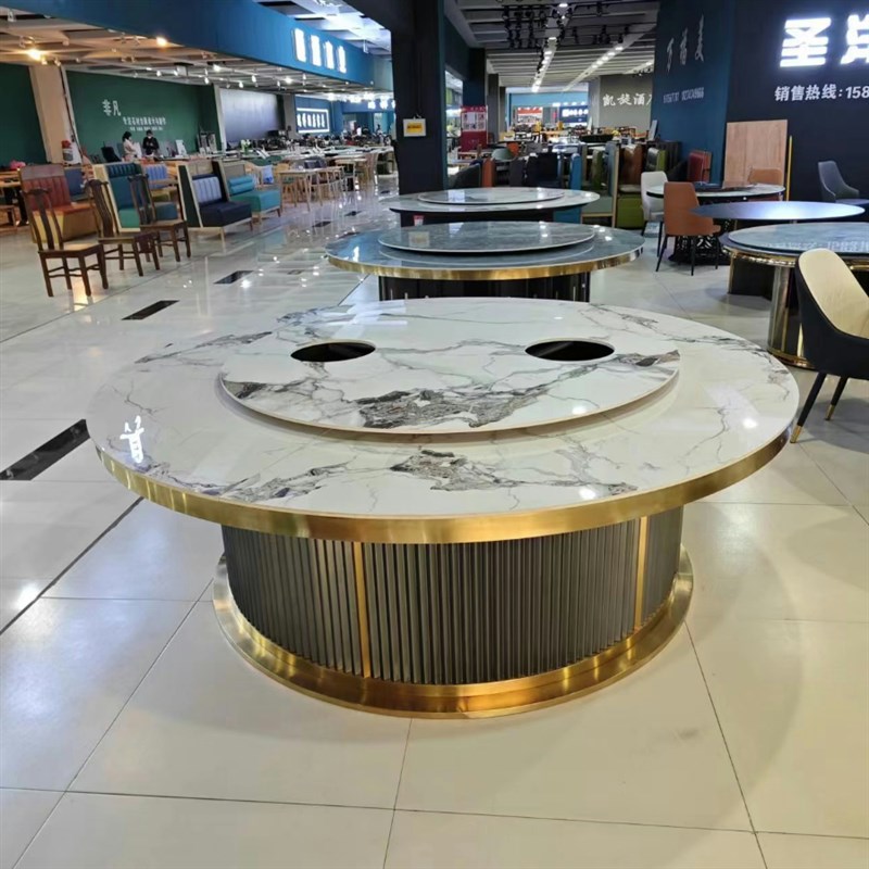定制酒店岩板餐桌不锈钢钛金大理石2米3米餐厅电动大圆桌转盘火锅