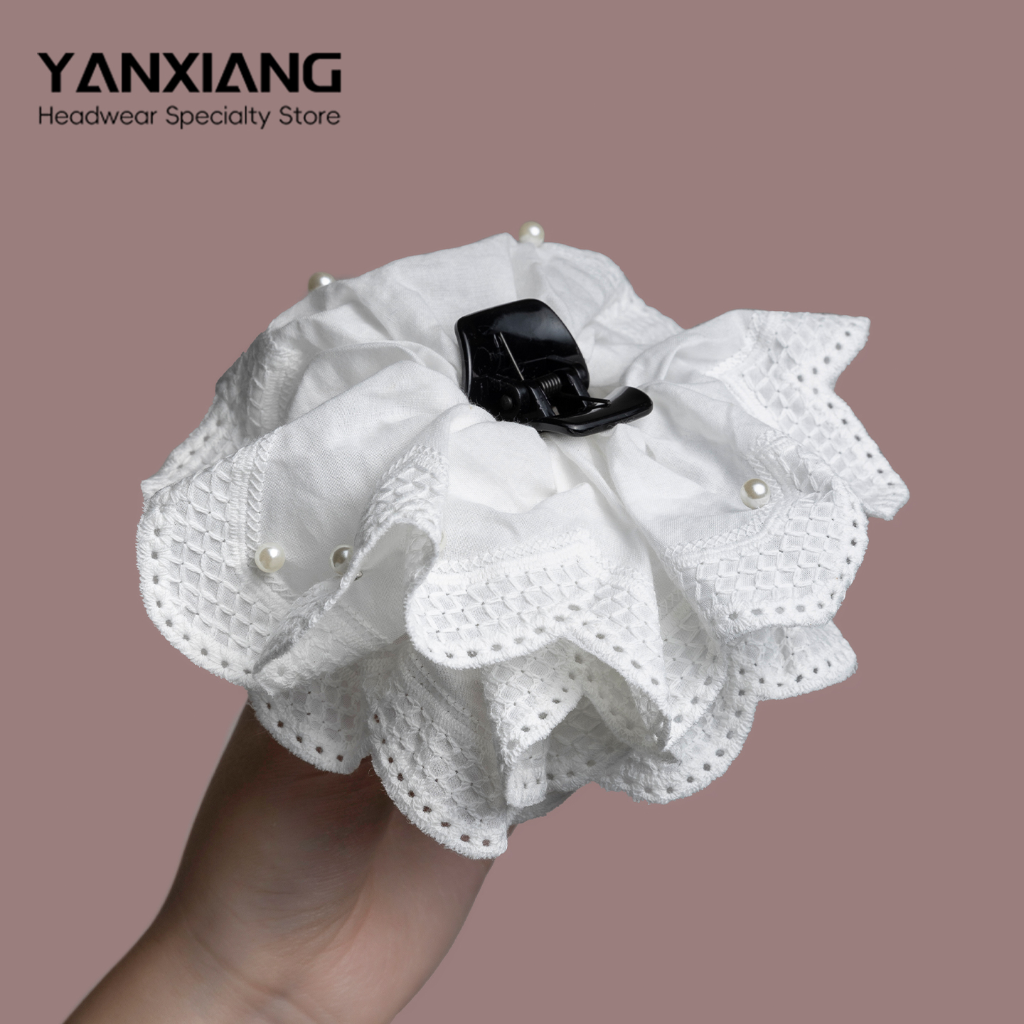 妍象法式白色花朵蕾丝珍珠马尾夹