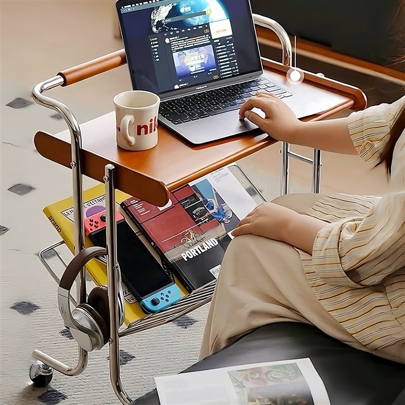 中覆古风实木小推车沙发边茶几可移动床头柜置物收纳架零食不锈钢