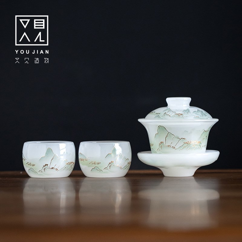又见造物山水琉璃盖碗二杯三才盖碗功夫茶具家用茶具泡茶套装