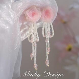 「风传花信」长版流苏玫瑰花朵耳饰蚊香盘耳夹无耳洞可爱甜美耳针