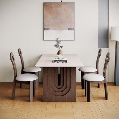 法式奶油复古风实木德q利丰岩板家用黑色圆形饭桌胡桃色旋涡桌椅