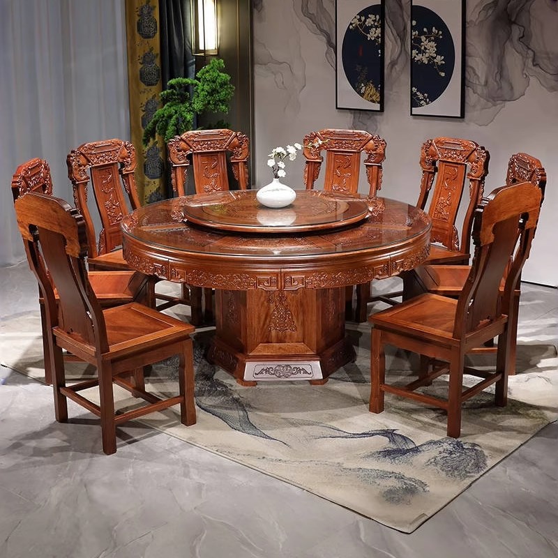 花梨木实木餐桌椅中式仿古雕花圆形家用饭桌酒店大圆桌带转盘