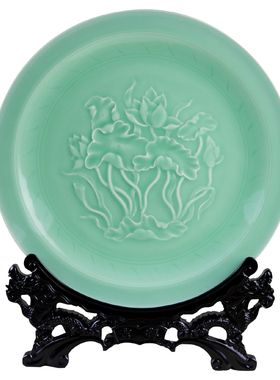 龙泉青瓷荷盘装饰挂盘 高档摆设书房 客厅摆 礼盒装