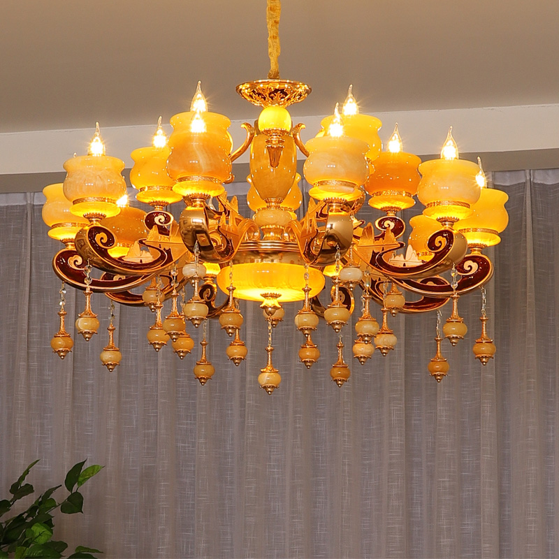 天然玉石吊灯欧式客厅灯真黄龙玉松香玉奢华吊灯22新款智能吊灯