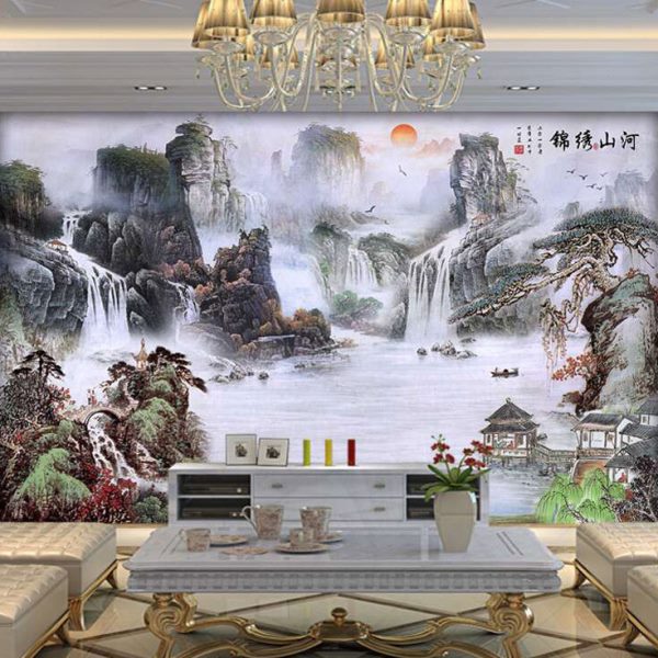 新中式山水画风景墙纸3D客厅办公室壁画电视背景墙壁纸水墨画墙布