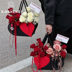 材料 饰摆件品花艺diy包装 芯苼 手提爱心形皮盒鲜花束插花礼品盒装