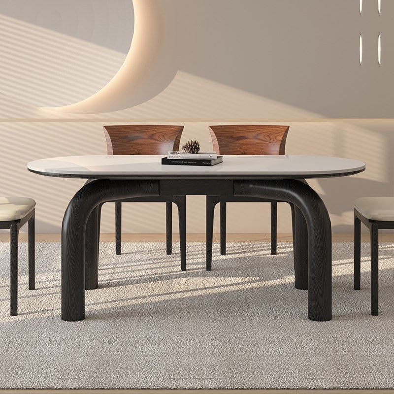 德利丰实木岩板餐桌家用小户型奶油中古风高级感黑色长方形饭桌子