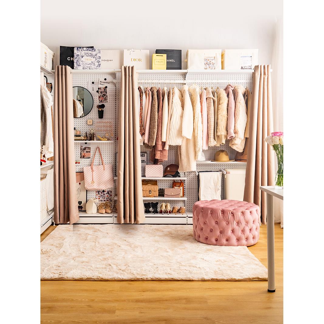 五金少女洞洞板金属大衣柜家用铁艺组装带防尘帘开放式货架衣帽间