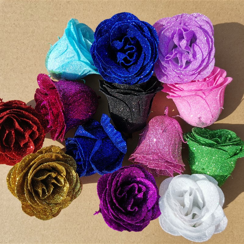 水晶金粉玫瑰花头蓝色妖姬仿真玫瑰花永生花七夕香皂花束包装材料