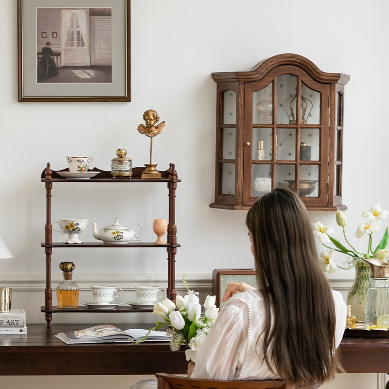 润家家居法式中古风实木玻璃壁柜橱窗柜家用吊柜酒柜杯架展示柜