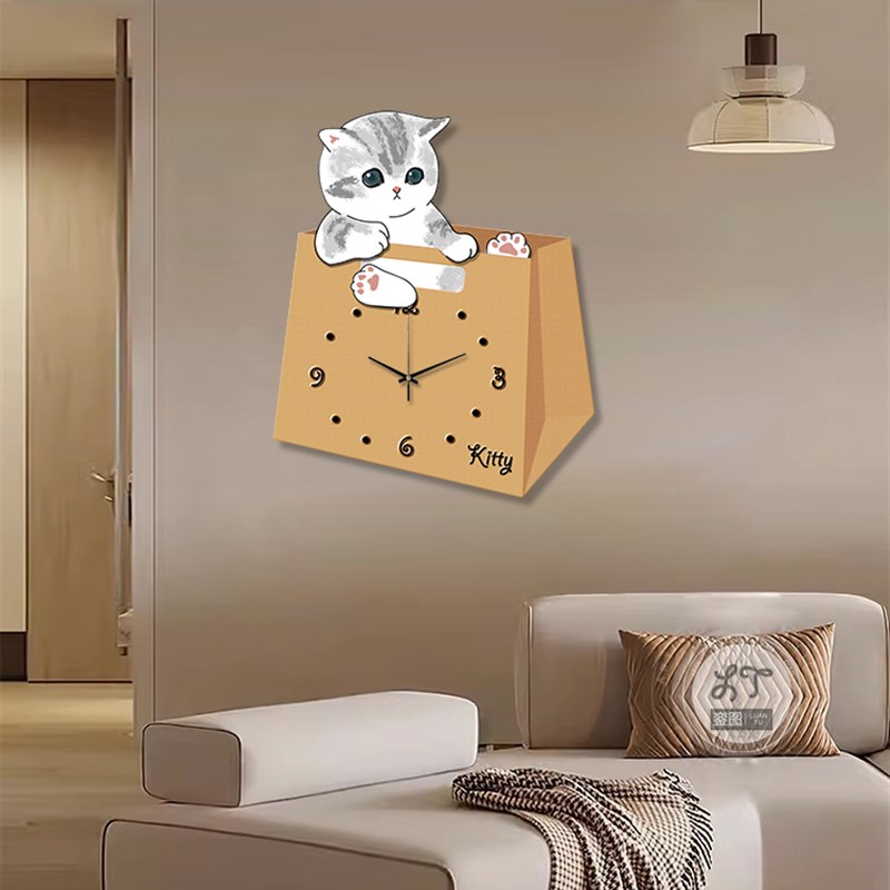 卡通猫咪钟表装饰画挂墙儿童房卧室创意时钟壁灯画餐厅墙静音挂钟图片