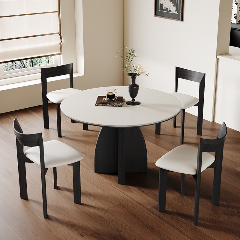 复古实木岩板餐桌202新款小户型圆形洽谈桌意式极简纯白岩板圆桌