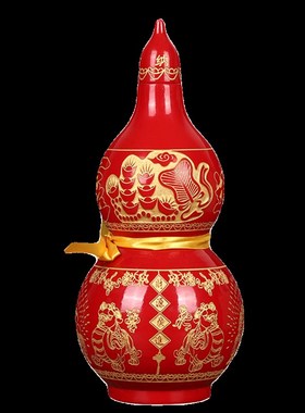 桃木葫芦摆件红色招财进宝镇宅之宝聚宝盆图案传统吉祥物家居装饰