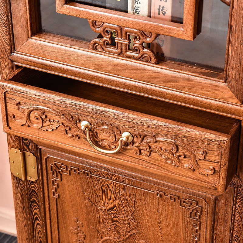 鸡翅木书柜仿古玻璃柜中式实木书架书橱陈列柜展示柜红木家具隔断