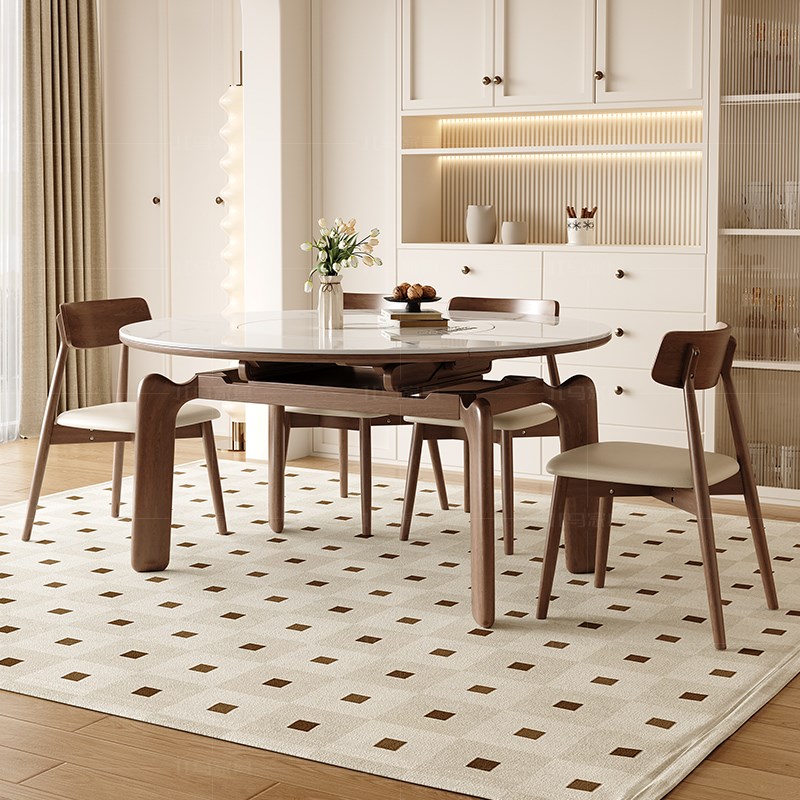 可伸缩实木岩板餐桌现代小户型家用内嵌式电磁炉暖菜转盘餐桌