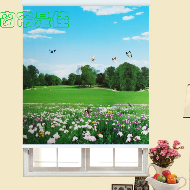 升降卷帘卧室阳台风景国画卡通插画半遮光遮阳拉珠升降竹子卷帘