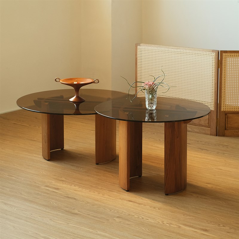 度仓钢化玻璃圆形茶几实柚木高低大小桌子阳台沙发飘窗边角几