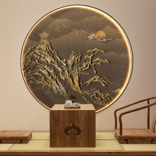 玄关装 新中式 饰画轻奢圆形山水壁纸高档大气客厅背景墙壁画寓意好