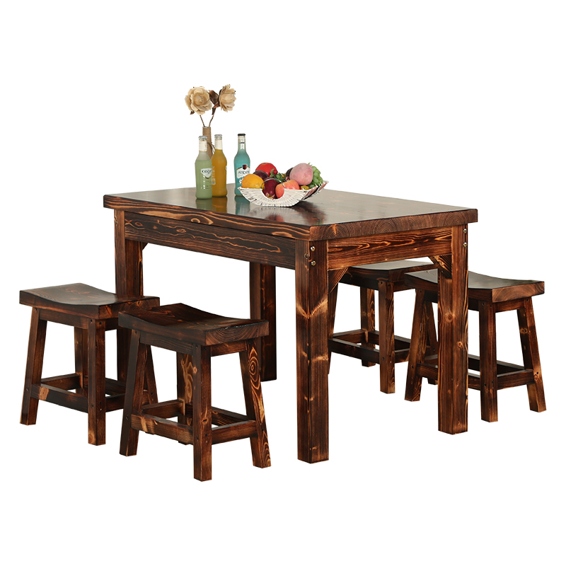 热卖实木桌椅组合面馆小吃烧烤餐厅仿古原木饭店快餐桌马鞍凳做旧