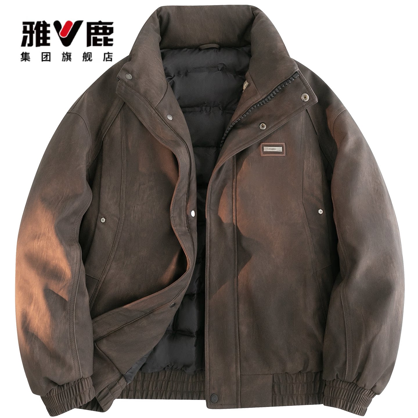 雅鹿PU皮立领羽绒服男款