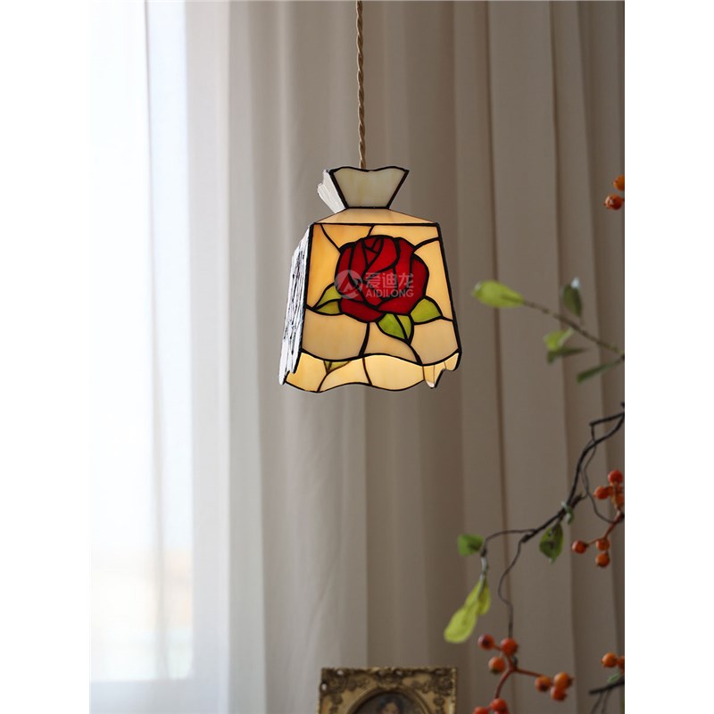 复古风手工彩色玻璃吊灯温馨浪漫玫瑰花郁金香飘窗床头吊灯
