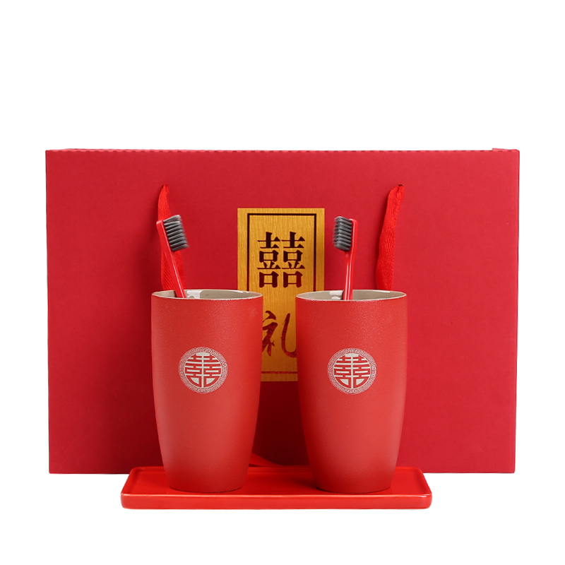 婚庆定制陶瓷情侣漱口杯一对套装创意牙刷杯子牙缸结婚红色洗漱杯