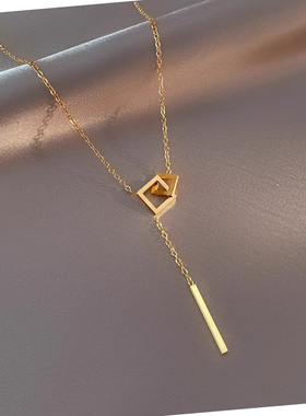 金色轻奢几何正方形钛钢锁骨链